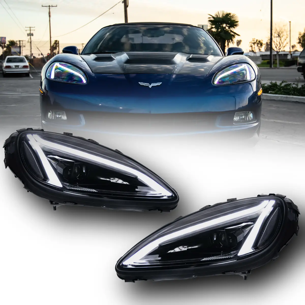 2005-2013 Corvette C6 Projector Led Headlights C8 Style Amber Sequential Turn Signals 1