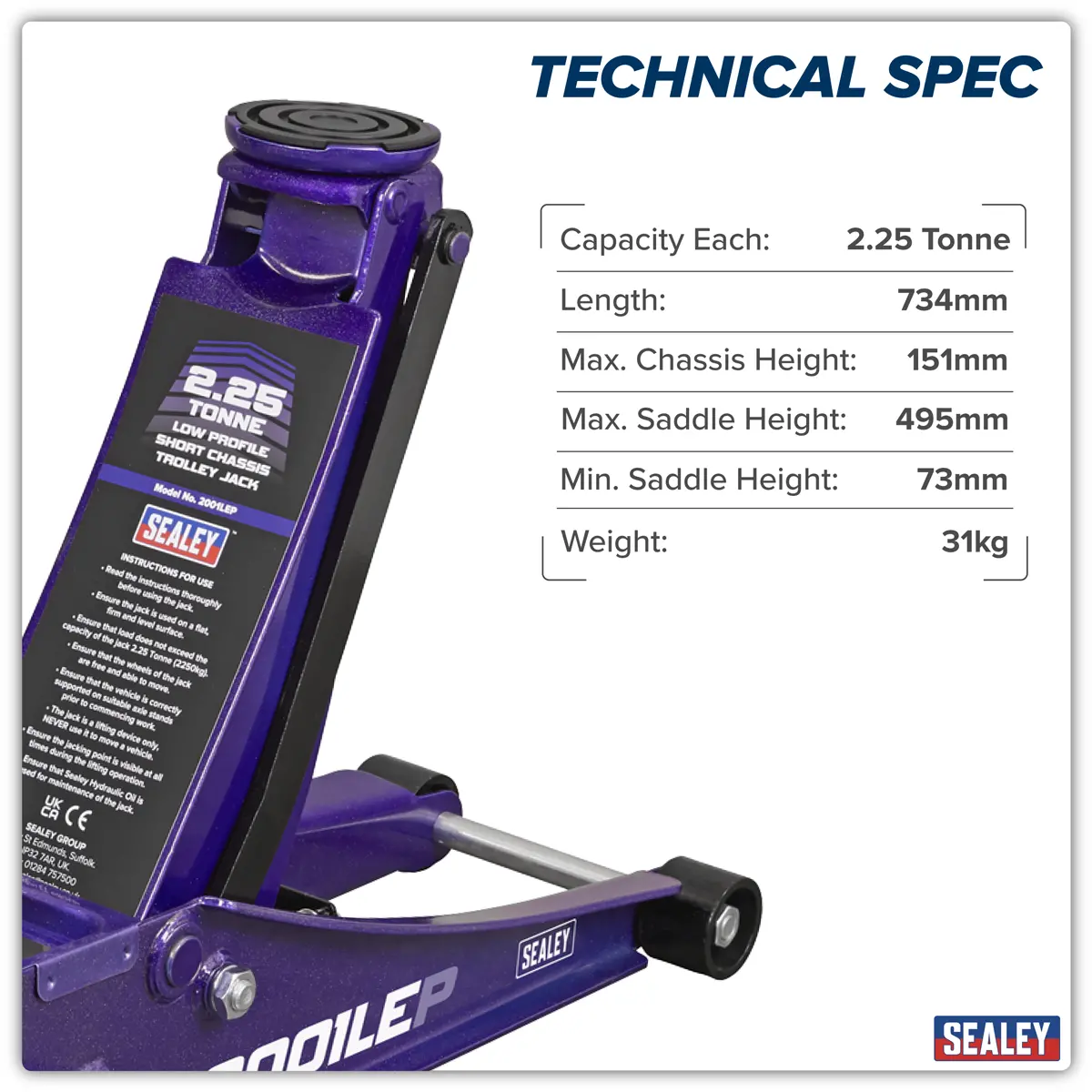 Sealey Low Profile Trolley Jack With Rocket Lift 2.25 Tonne - Purple 2001Lep 2