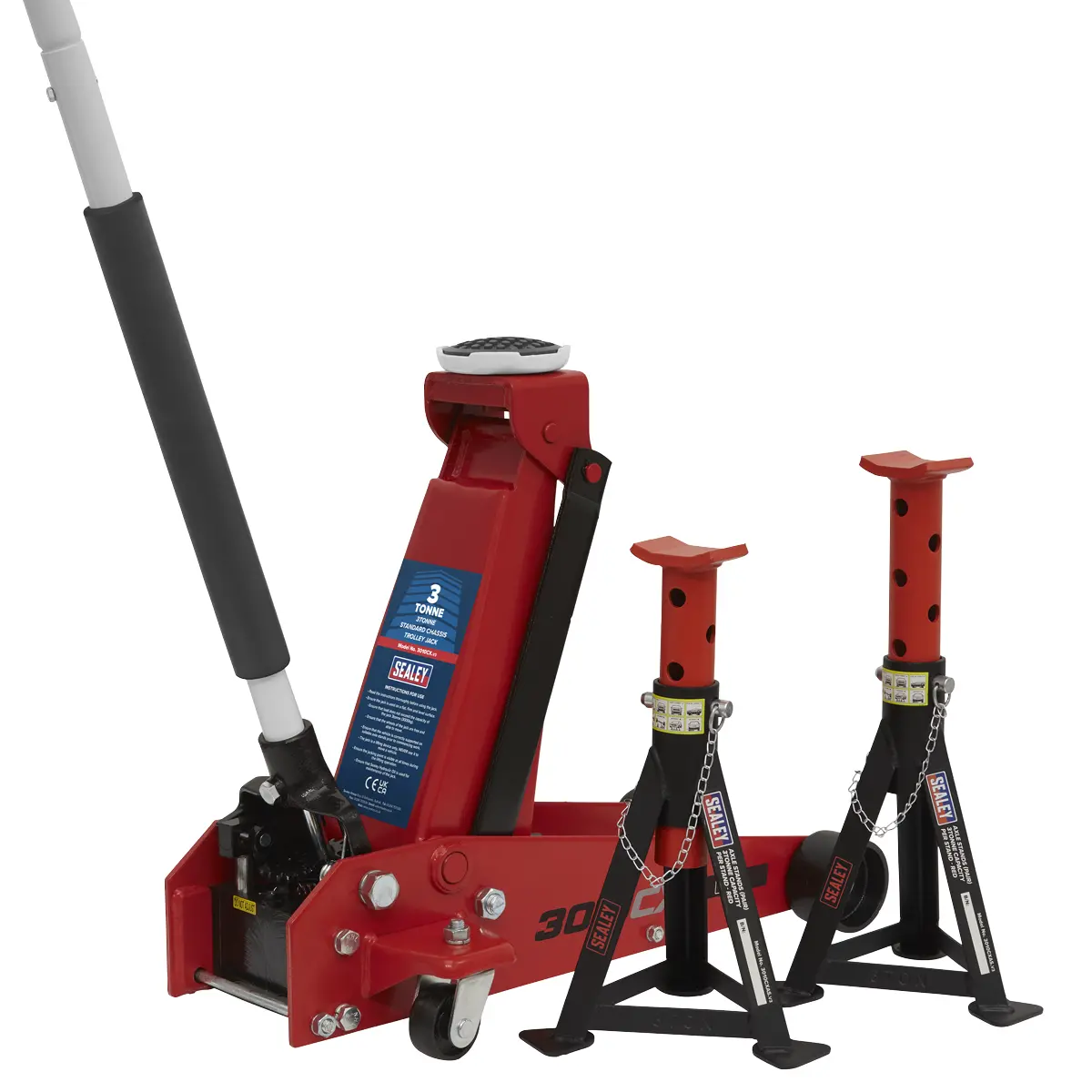 Sealey Standard Chassis Trolley Jack 3 Tonne With Axle Stands Pair 3 Tonne Capa… 1