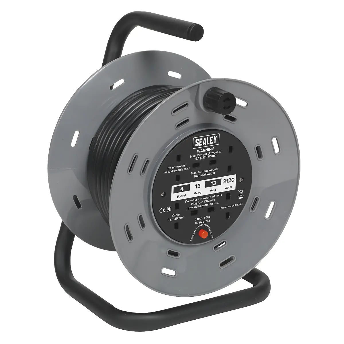 Sealey 15M Cable Reel With Thermal Trip 4 X 230V Bcr153t 1