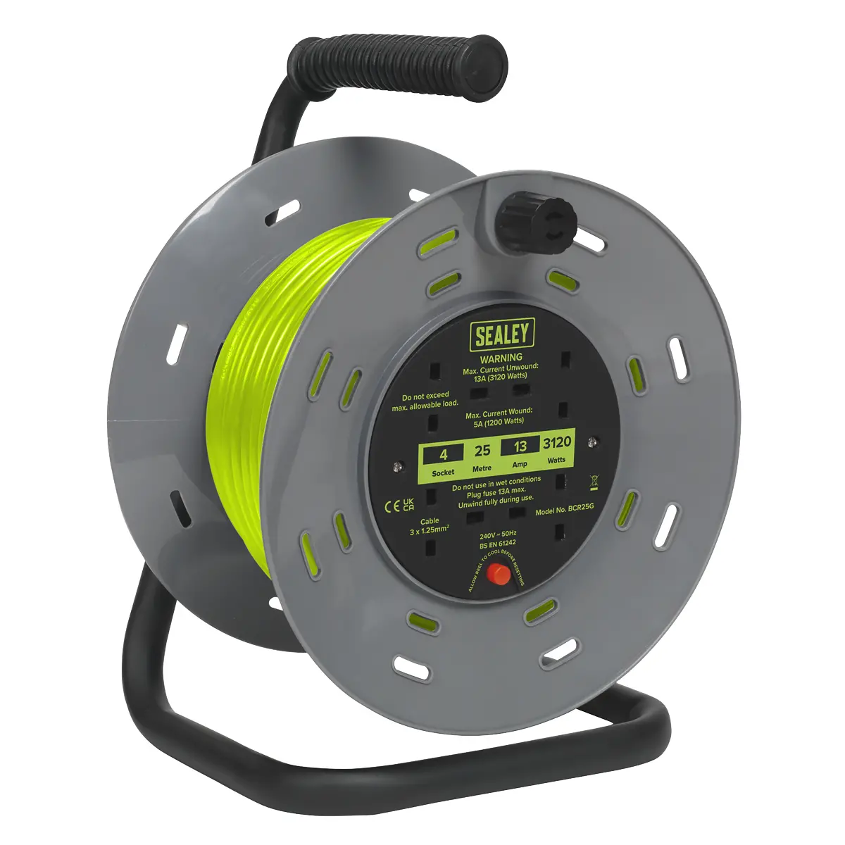 Sealey 25M Cable Reel With Thermal Trip 4 X 230V - Hi-Vis Green Bcr25g 1