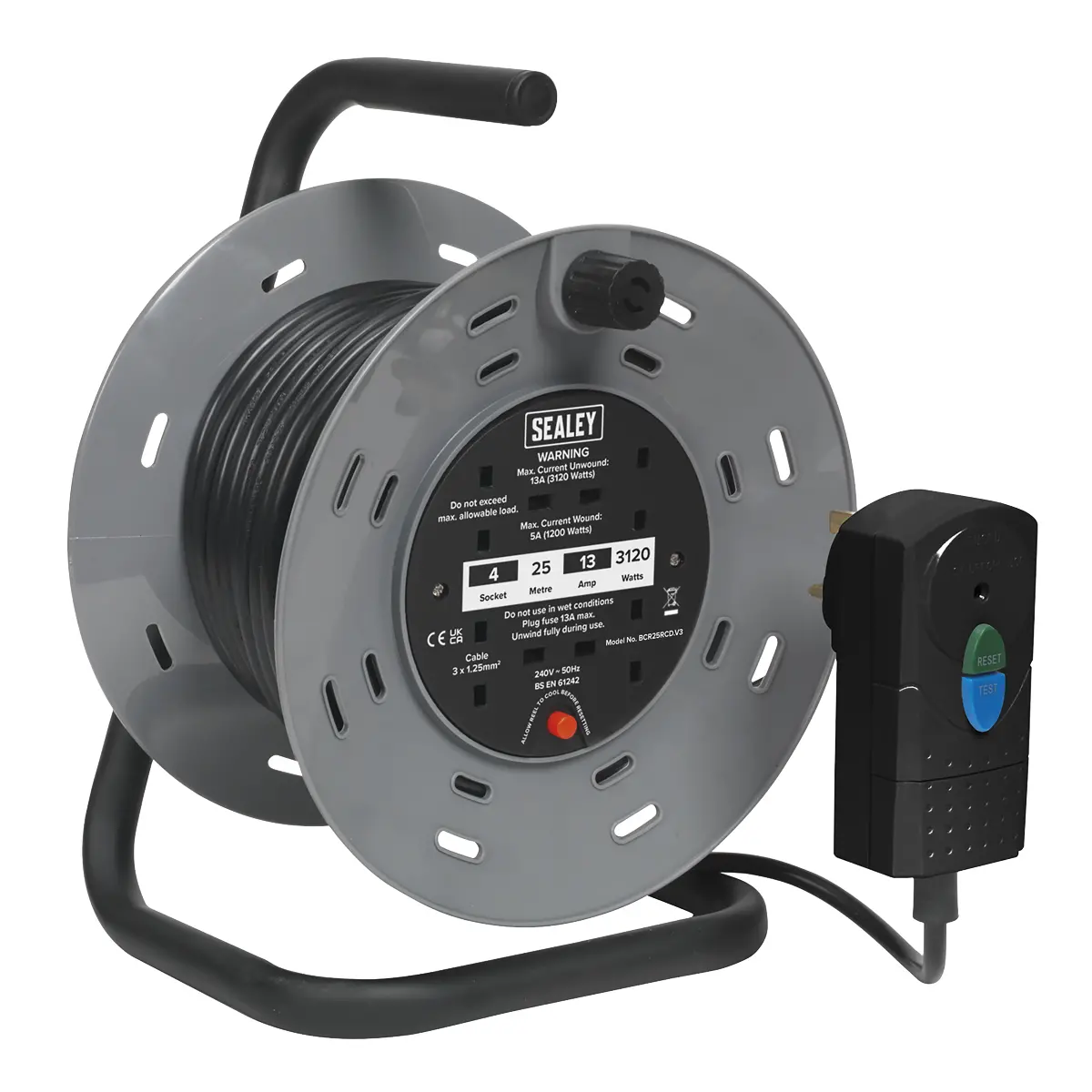Sealey 25M Cable Reel With Thermal Trip & Rcd Plug 4 X 230V Bcr25rcd 1