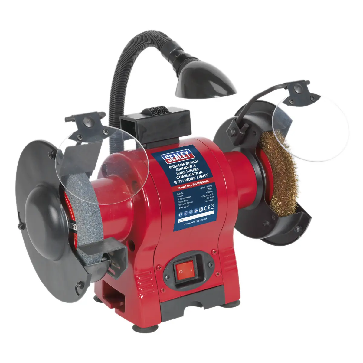 Sealey 150Mm Bench Grinder & Wire Wheel Combination With Worklight 250W/230V Bg150xwl 1