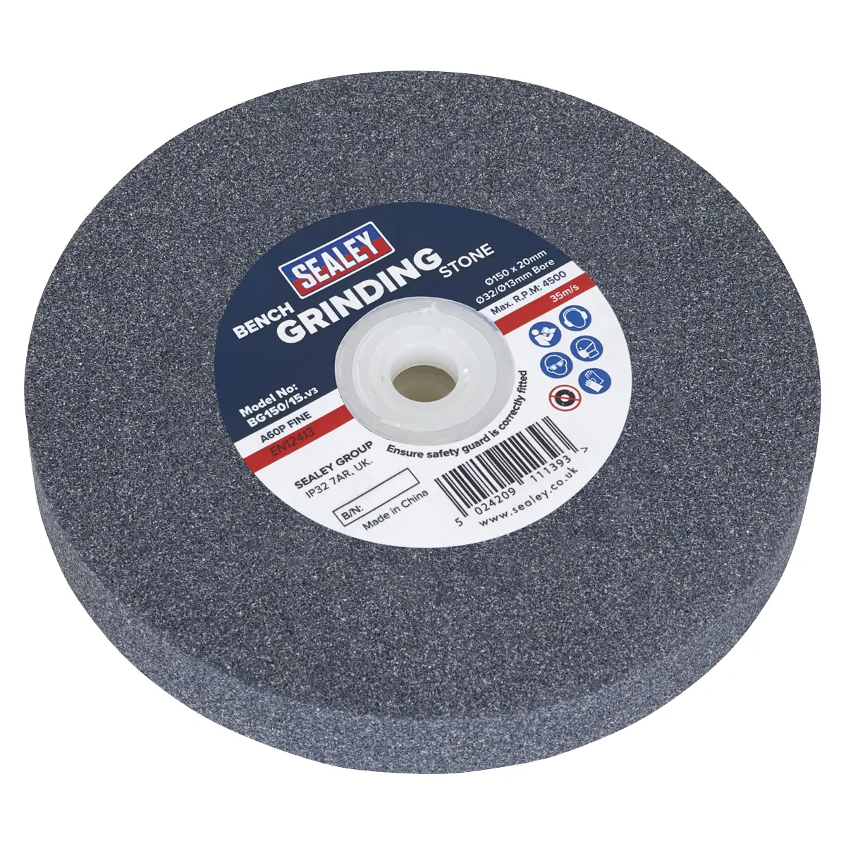 Sealey 150 X 20Mm Grinding Stone 32(13)Mm Bore - A60p Fine Bg150/15 1