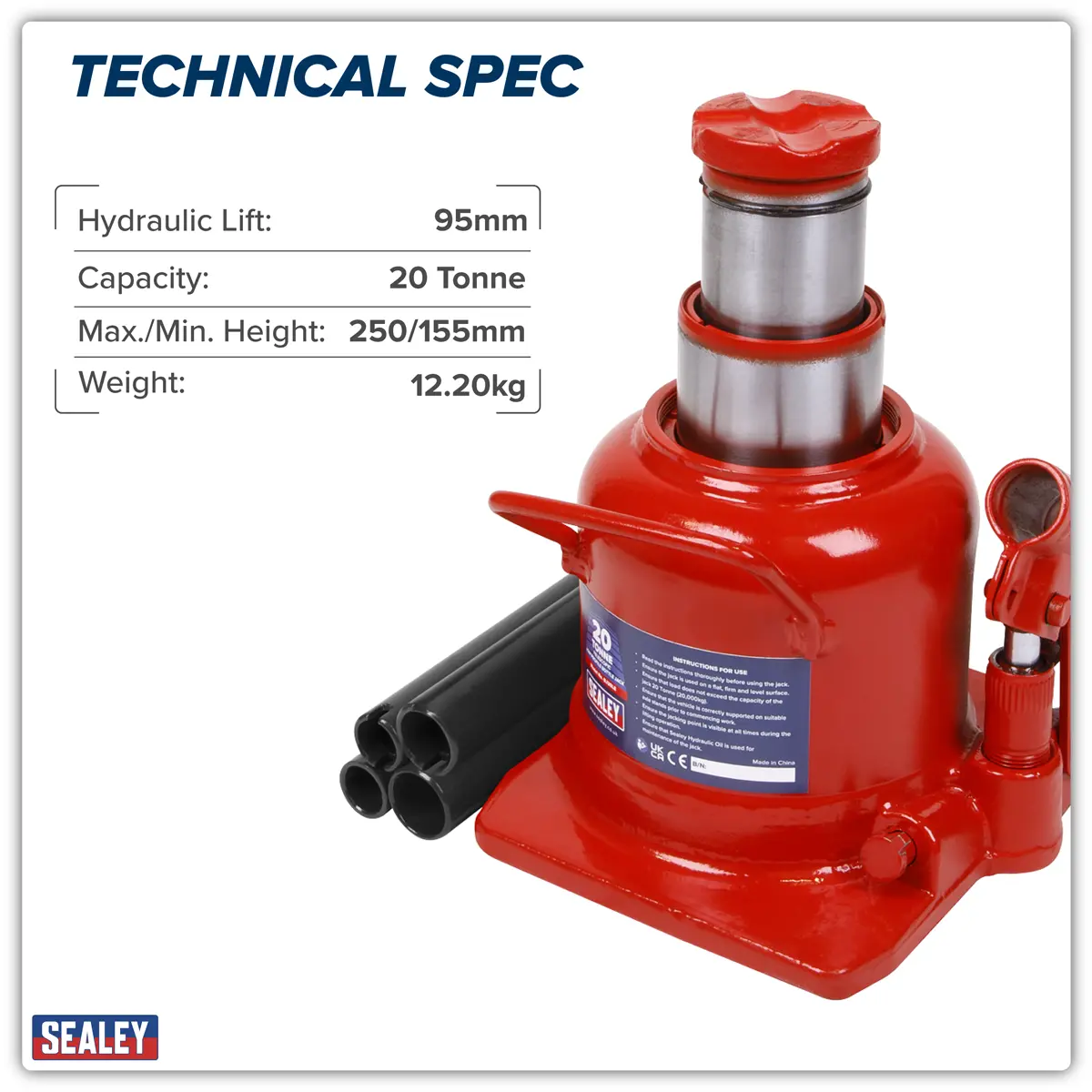 Sealey Low Profile Telescopic Bottle Jack 20 Tonne Bj20le 2
