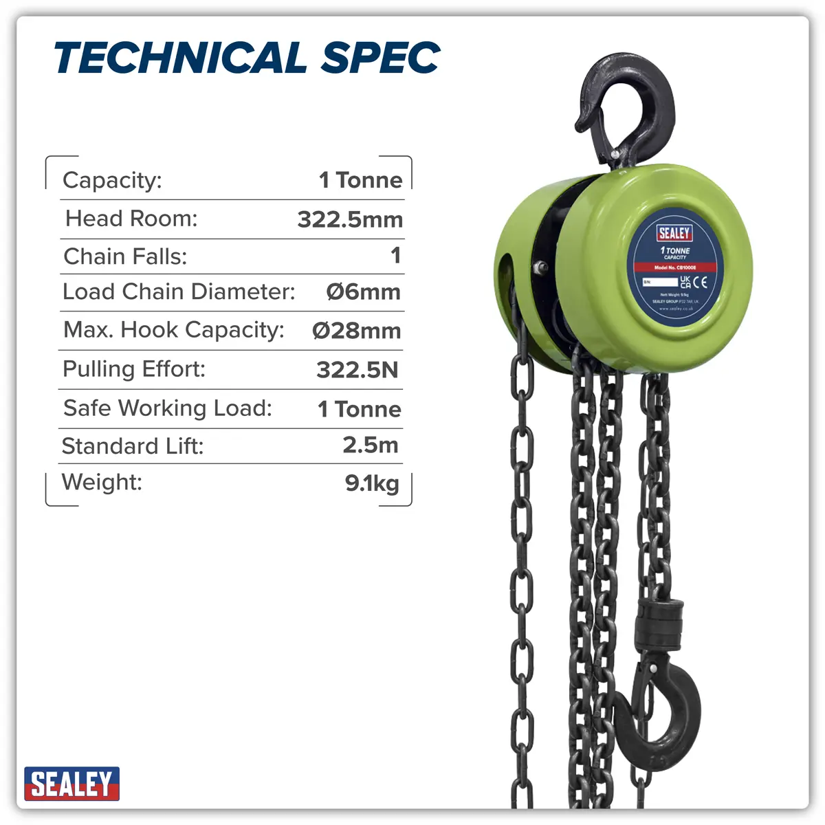 Sealey 2.5M Chain Block 1 Tonne Cb1000e 2