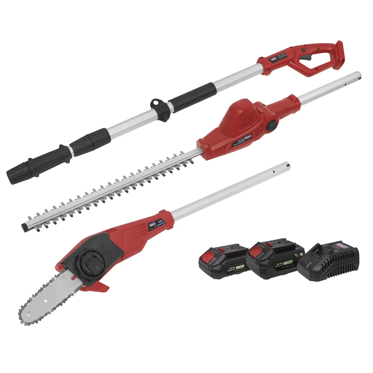 Sealey Sv20 Series Cordless Telescopic Hedge Trimmer & Chainsaw Kit 20V - 2 Batteries Cp20vtpcombo 1