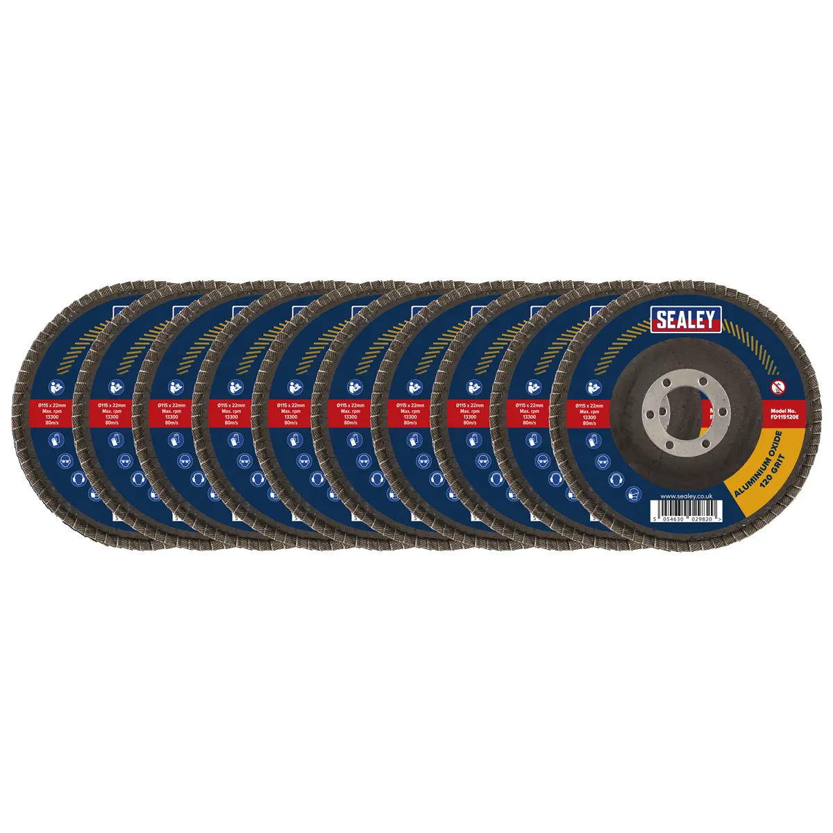 Sealey 115Mm Aluminium Oxide Flap Discs 120Grit 22Mm Bore - Pack Of 10 Fd115120e10 1