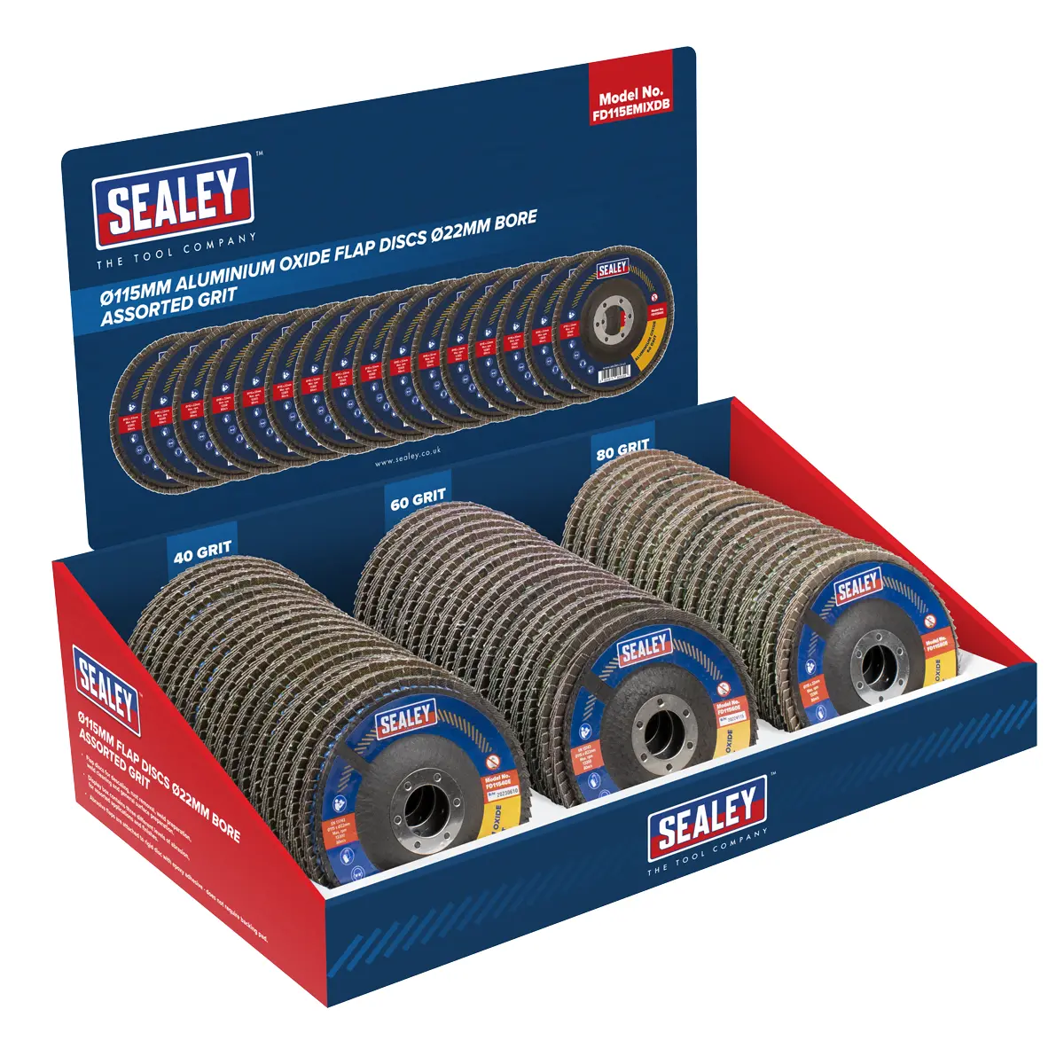 Sealey 115Mm Aluminium Oxide Flap Discs Assorted Grit 22Mm Bore - Display Box Of 60 Fd115emixdb 1