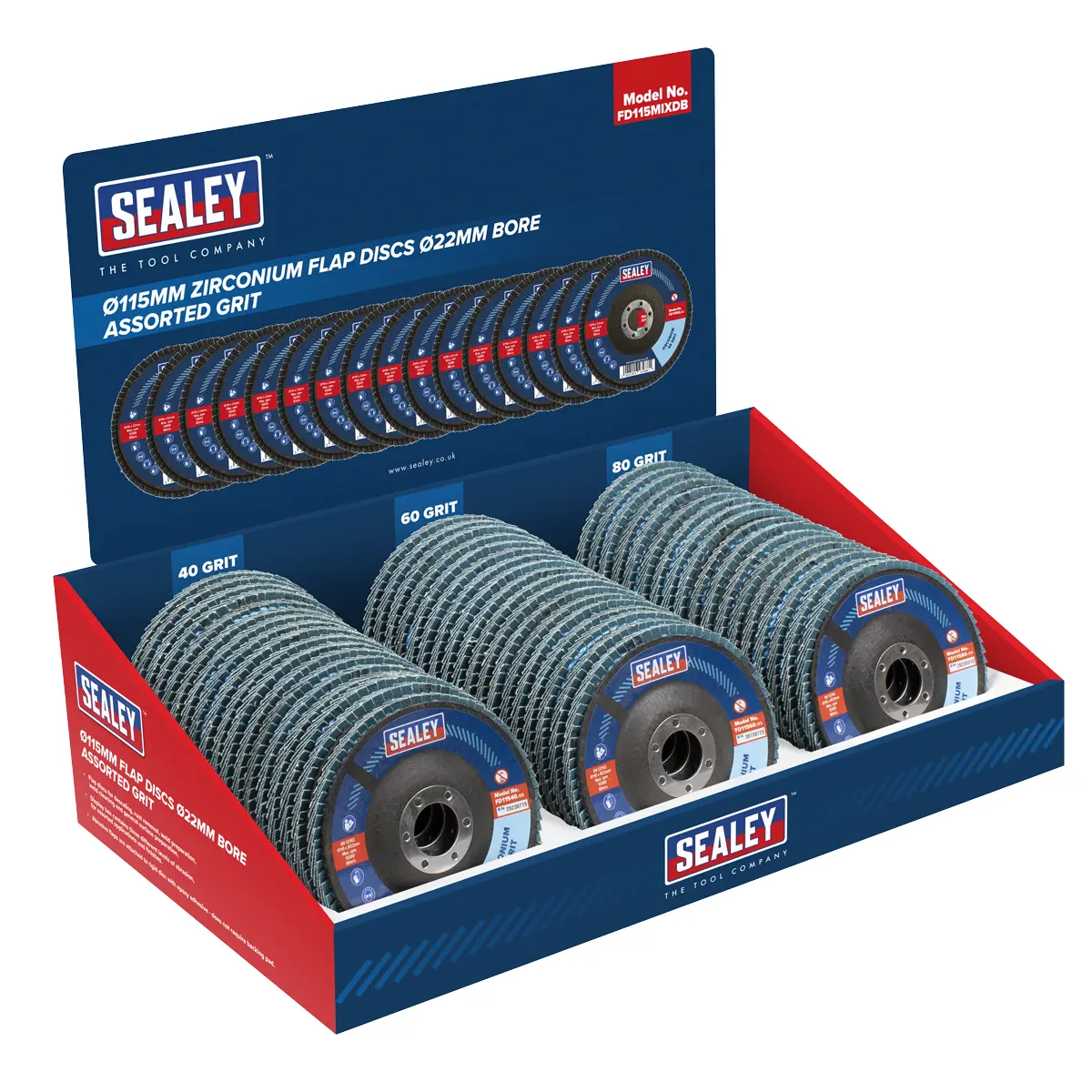 Sealey Assorted Grit Flap Discs Zirconium Ø115mm Ø22mm Bore - Display Box Of 60 Fd115mixdb 1