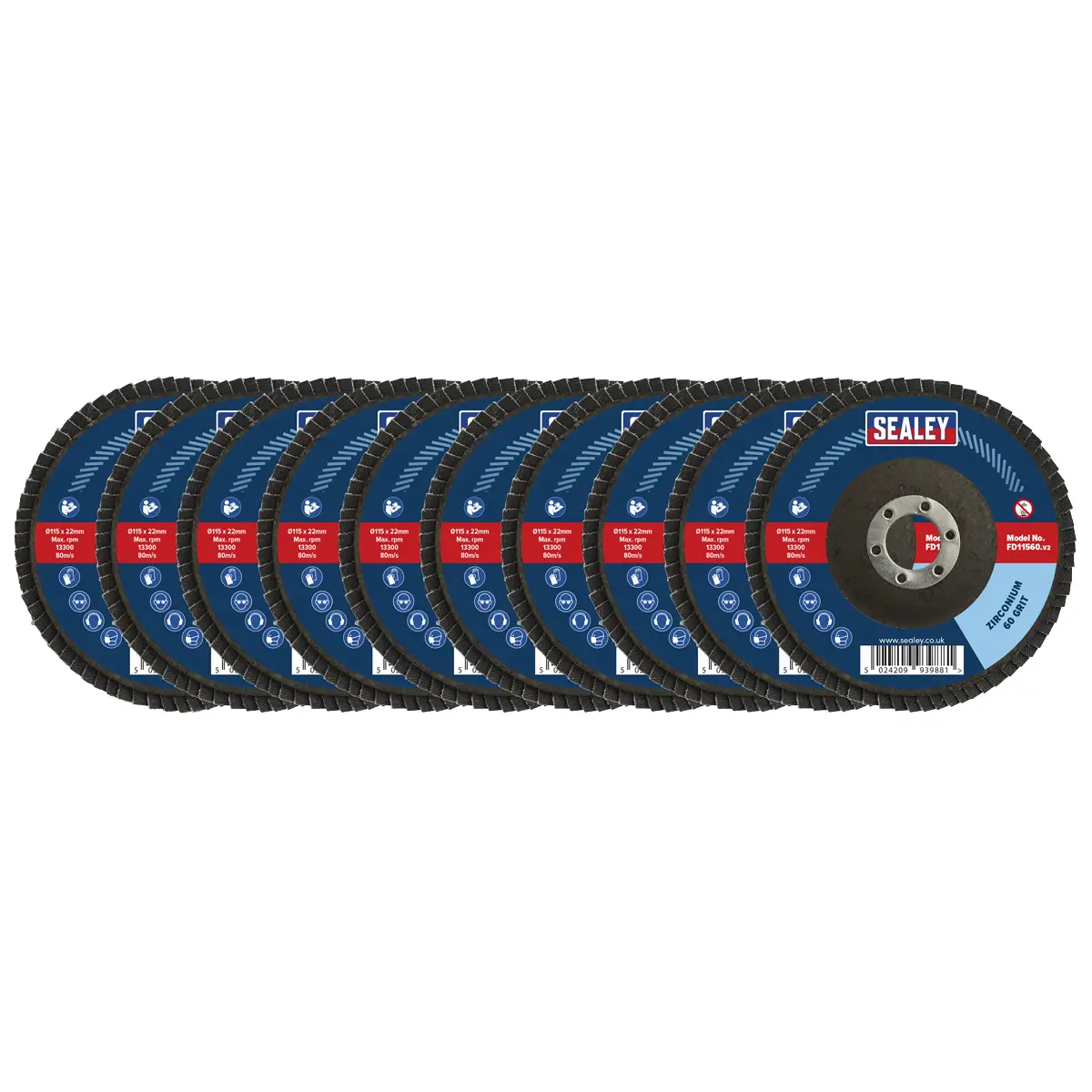 Sealey 115Mm Zirconium Flap Discs Assorted Grit 22Mm Bore - Pack Of 10 Fd115mix 1