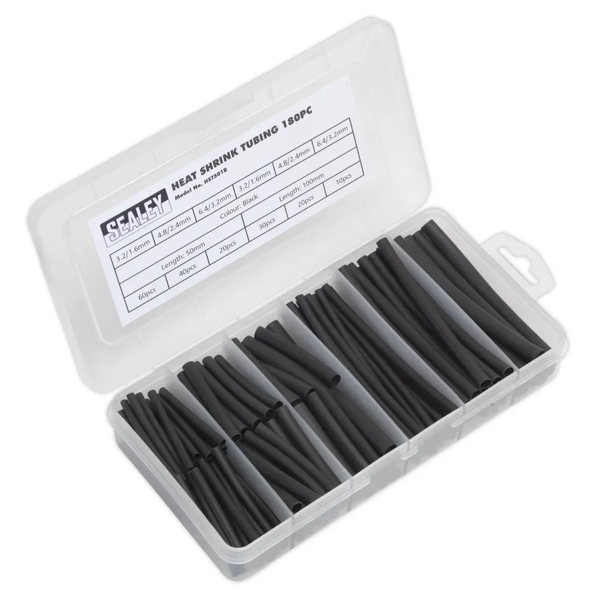 Sealey Heat Shrink Tubing Assortment 50 & 100Mm 180Pc - Black Hst501b 1