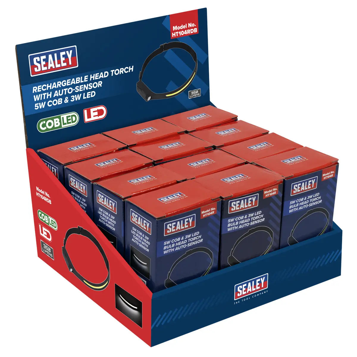 Sealey Rechargeable Head Torch With Auto-Sensor 5W Cob & 3W Led - Display Box Of 12 Ht104rdb 1