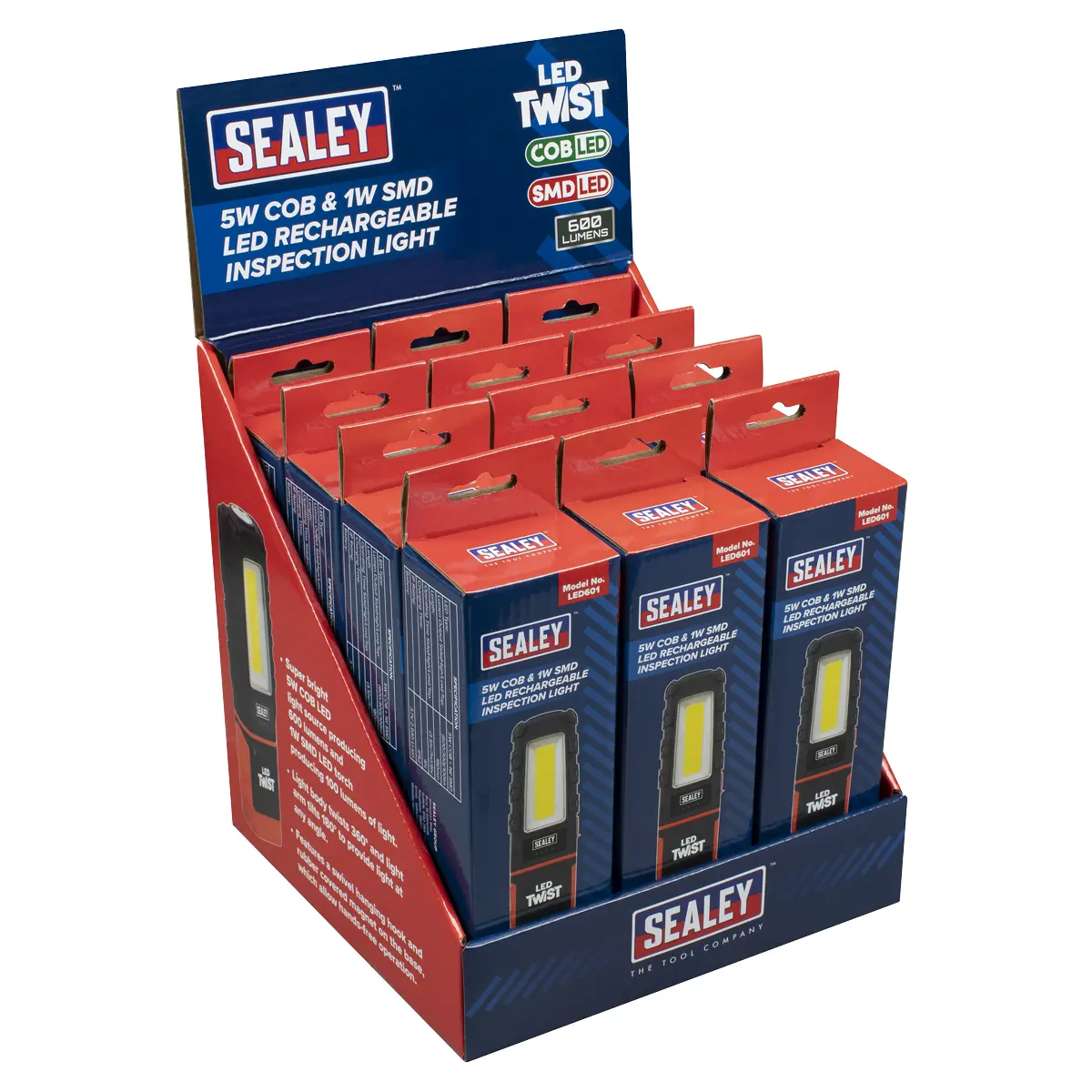Sealey Led Twist® Rechargeable Inspection Light 5W Cob & 1W Smd - Display Box Of 12 Led601db 1