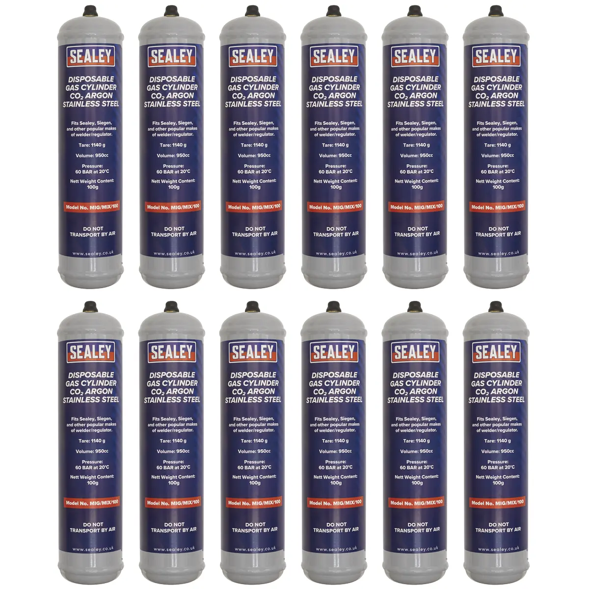 Sealey Disposable Carbon Dioxide/Argon Gas Cylinder 100G - Box Of 12 Mig/Mix/100/12 1