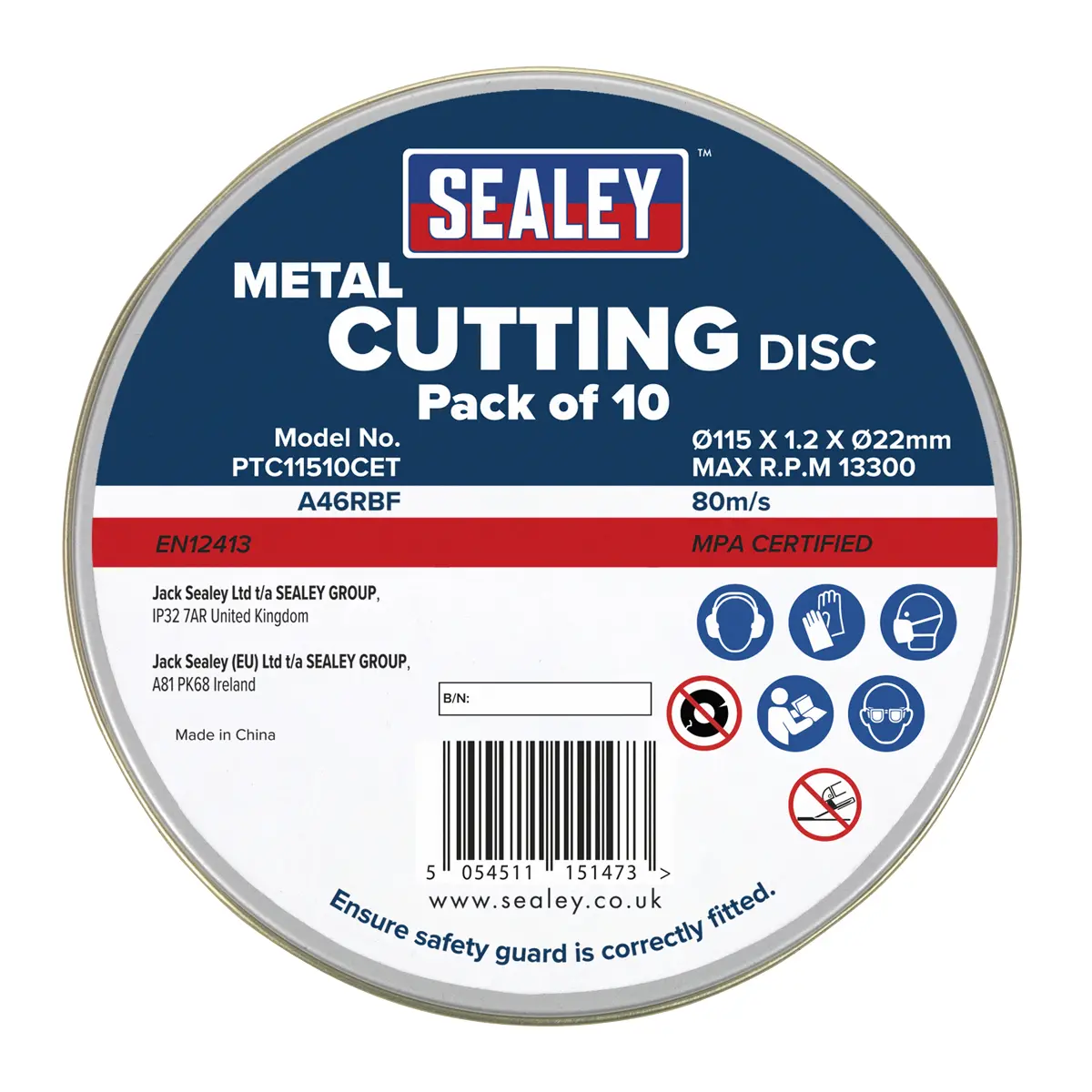 Sealey 115 X 1.2Mm Cutting Disc 22Mm Bore - Pack Of 10 Ptc11510cet 2