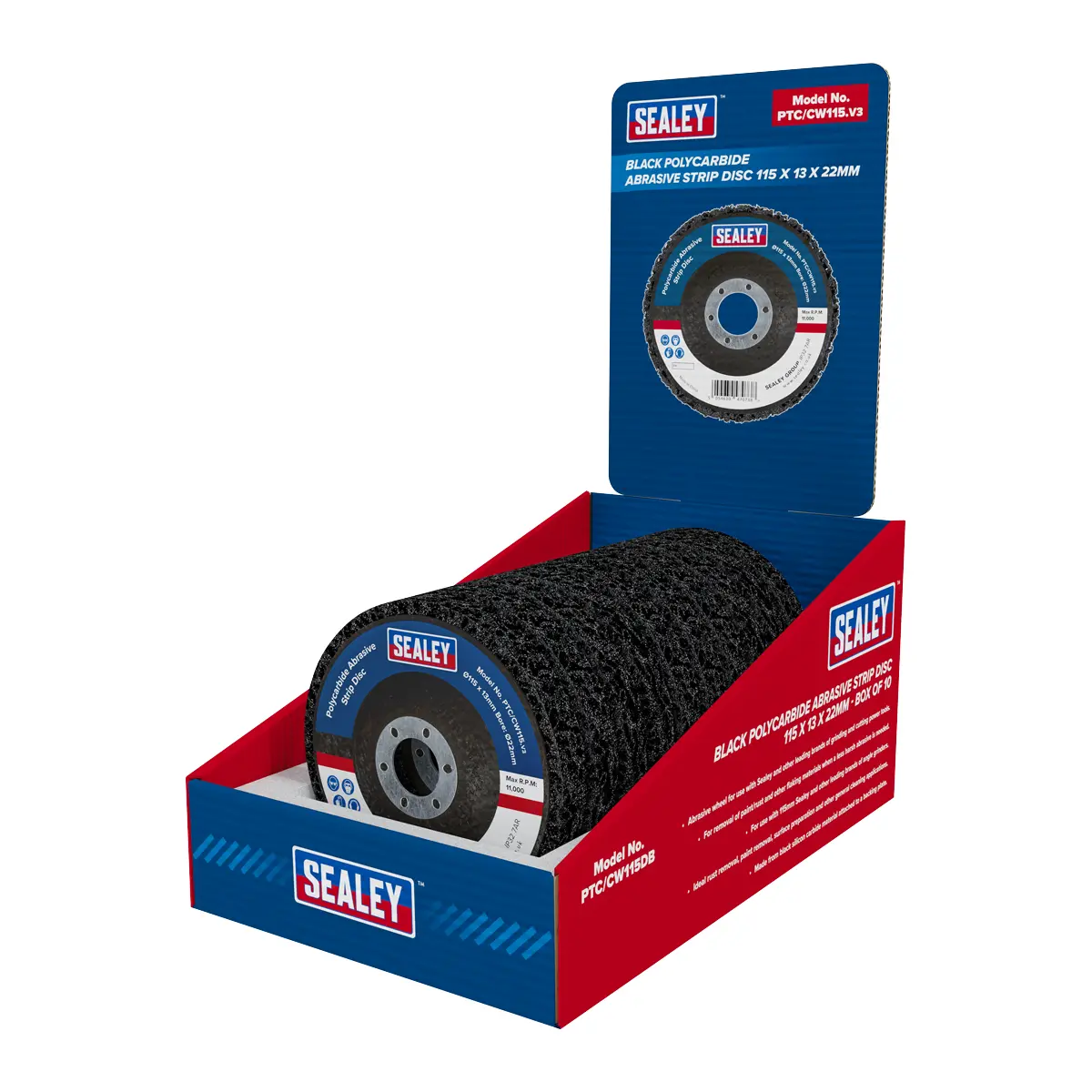 Sealey 115 X 13Mm Black Polycarbide Abrasive Strip Disc 22Mm Bore - Display Box Of 10 Ptc/Cw115db 1