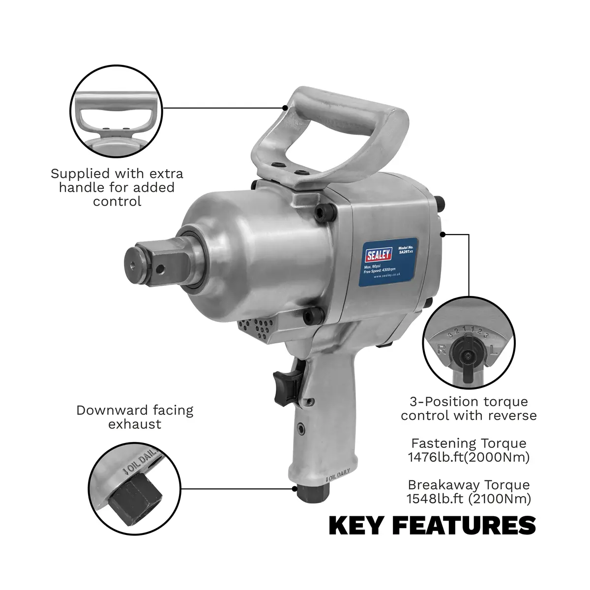 Sealey Twin Hammer Air Impact Wrench 1"Sq Drive Sa297 2