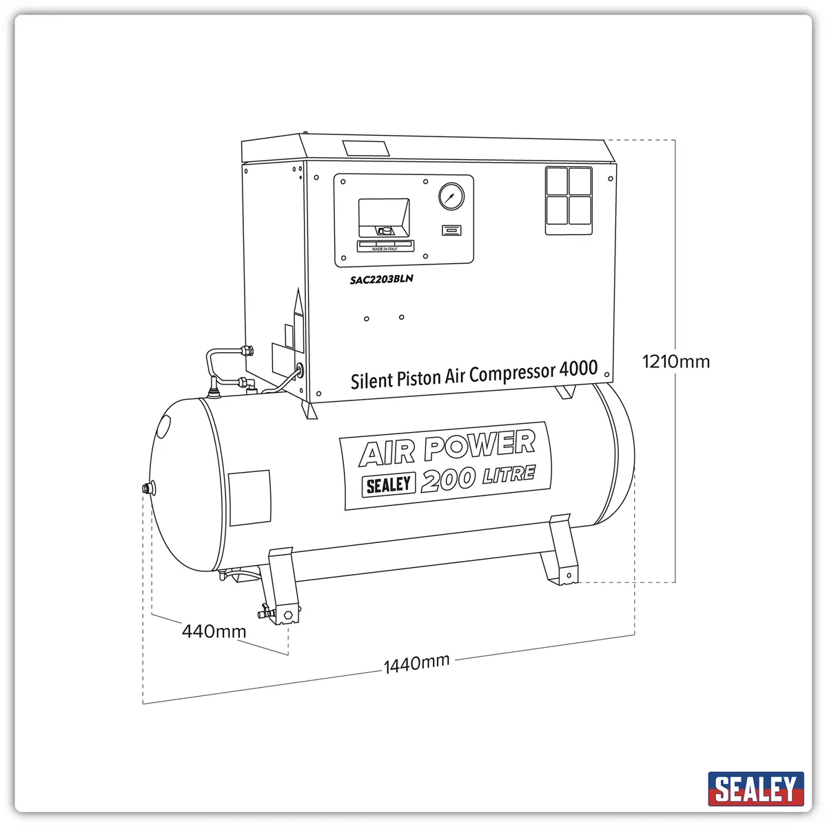 Sealey 200L Low Noise Belt Drive Air Compressor With Cast Cylinders 3Hp Sac2203bln 2