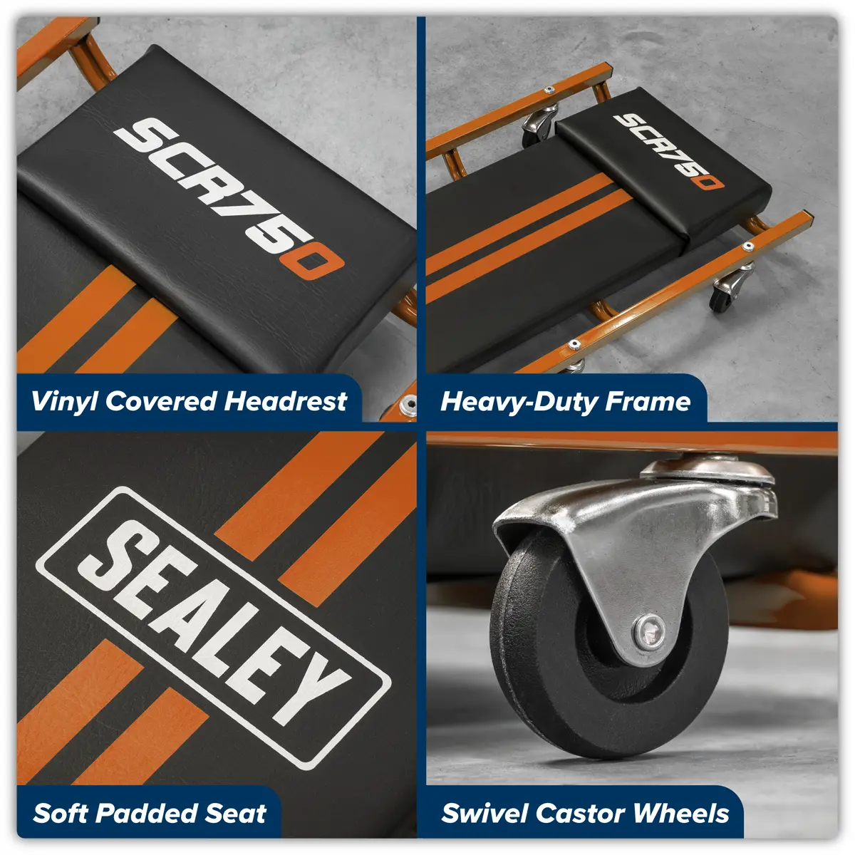 Sealey American-Style Deluxe Creeper 36" With Steel Frame & 6 Wheels - Orange Scr75o 2