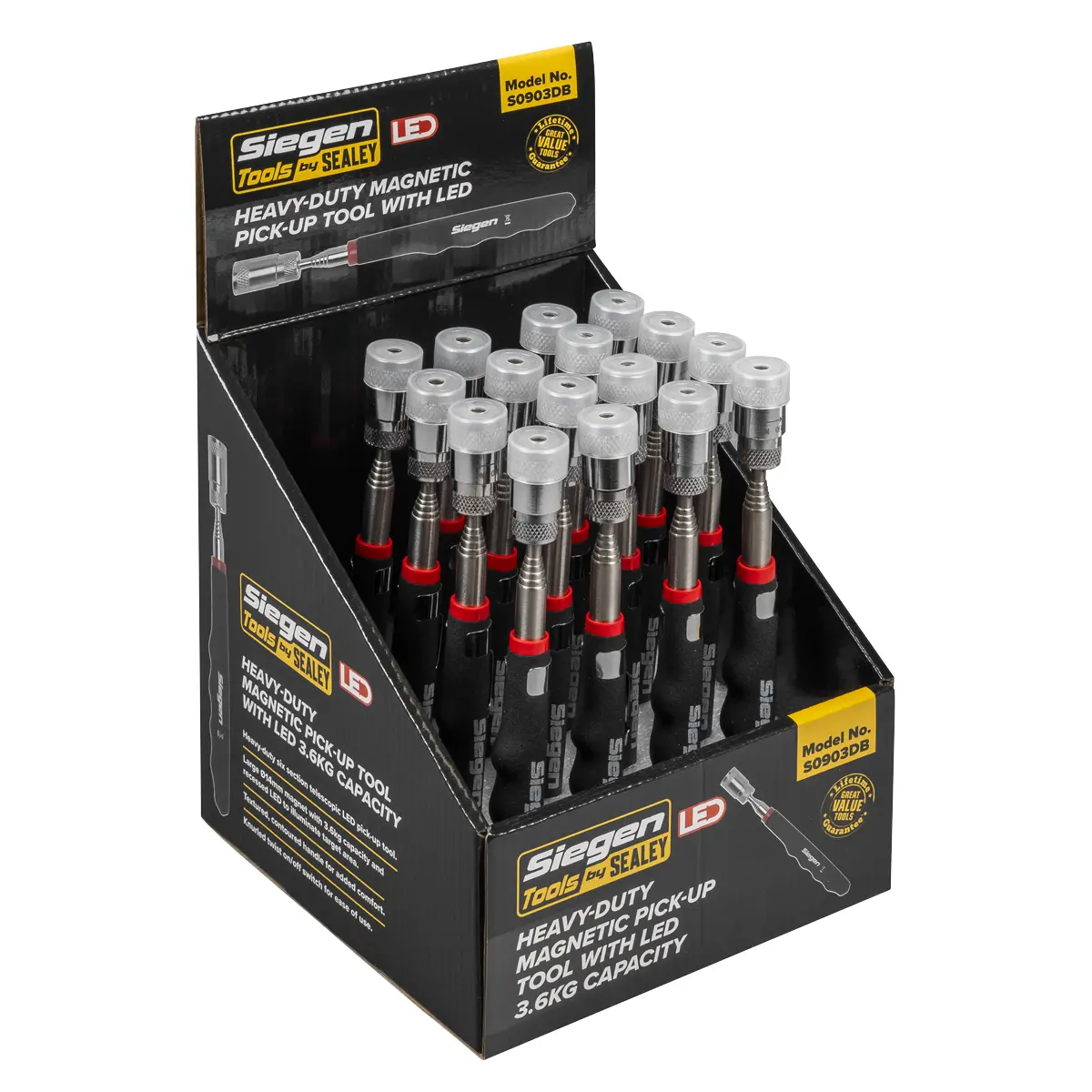 Siegen Heavy-Duty Magnetic Pick-Up Tool With Led 3.6Kg Capacity - Display Box Of 16 S0903db 1